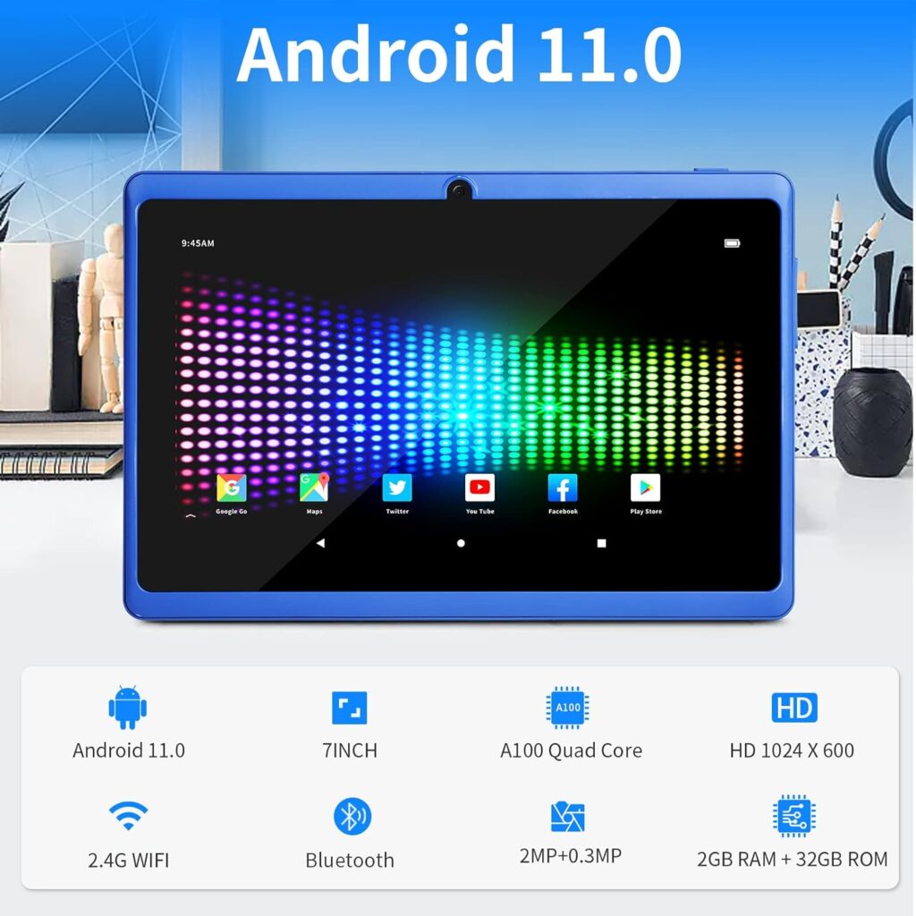 haipky 7 Inch Google Android 11.0 Tablet PC, 2GB RAM+32GB ROM, Quad Core, Dual Cameras, 1024x600 HD Screen, WiFi, Bluetooth, GMS, Gift for Adult  Kids (Blue)
