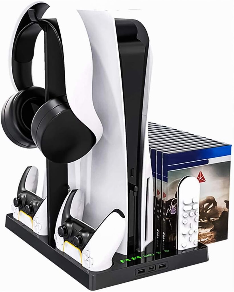 Hsility PS5 Stand with Cooling Fan PS5 Console Accessories Stand PS5 Charging Station PS5 Headset Stand Intelligent Micro Control PS5 Vertical Stand Dual Controller Charging Port 15 Game Discs Storage