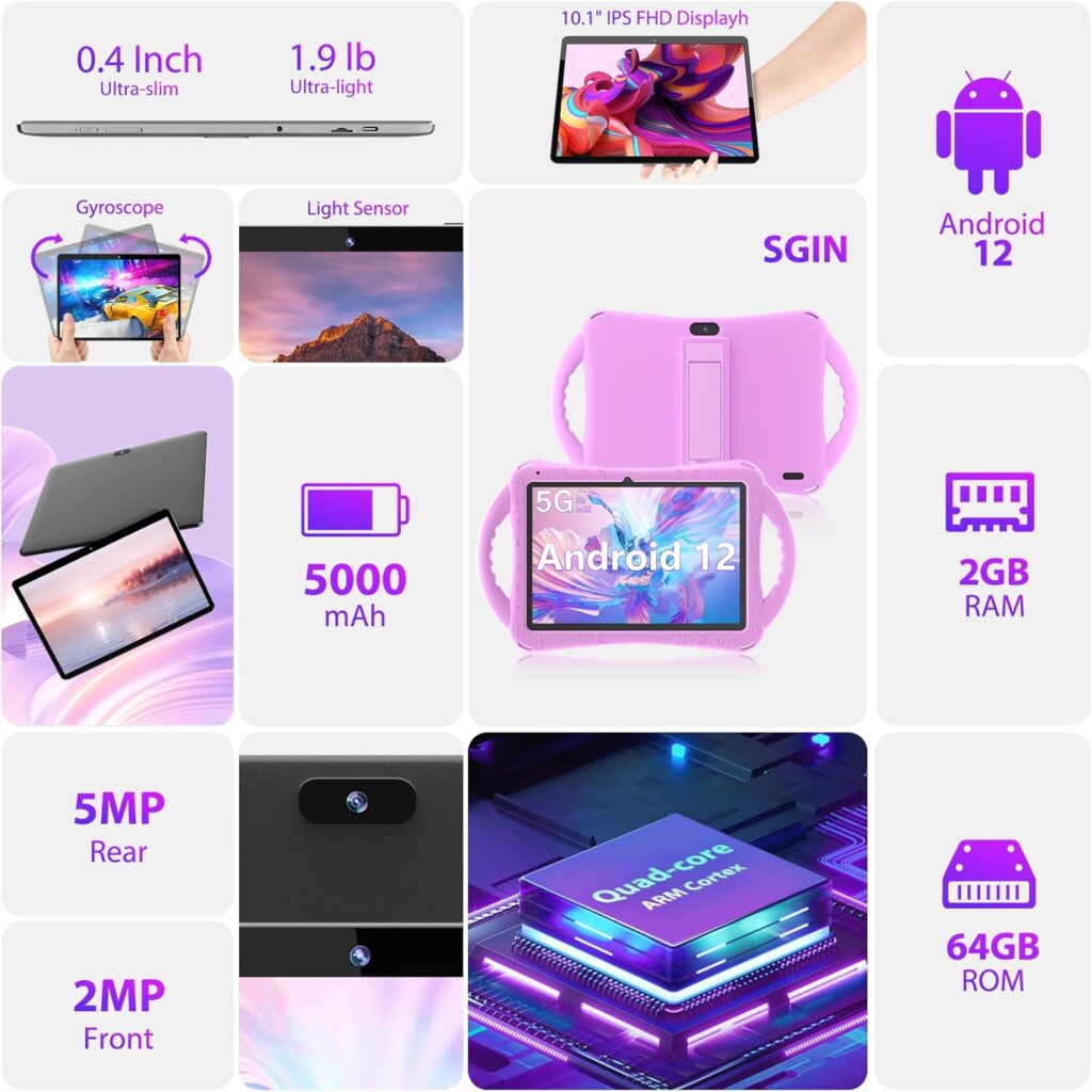 SGIN Tablet 10.1 Inch, 64GB ROM 2GB RAM(TF Card 512GB) Android 12 Tablet, 1280x800 IPS FHD Display, 5G/2.4G WiFi, BT4.2, Type-C, 5000mAh Battery, GMS, GPS, Dual Cameras, Blue Protective Case